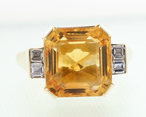 Octagonal citrine and diamond ring
