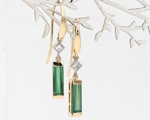Green tourmaline and diamond hook earrings 